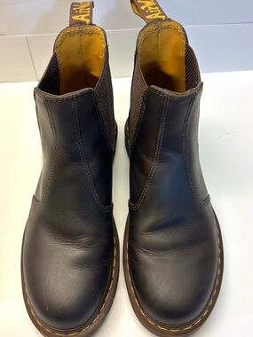 Dr. Martens Dark Brown Chelsea Booties with Yellow Stitching